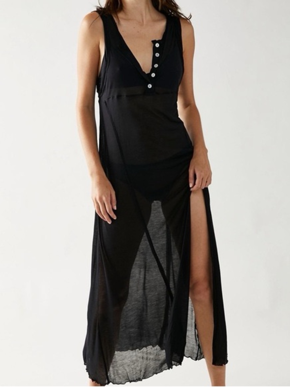 Free People Semi-Sheer Button-Front Midi Slip Dress – Size XS